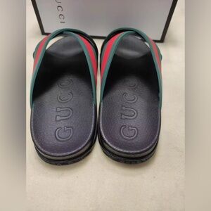 Gucci Black Slides with Green and Red Straps